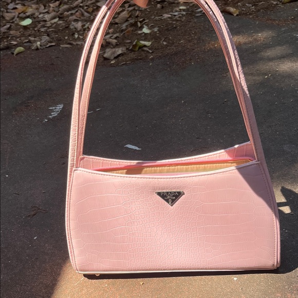 None Handbags - Designer Inspired Baby Pink Crocodile Print Shoulder Bag